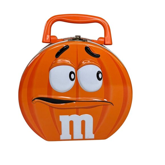 M&Ms Pumpkin Lunchbox Tin Orange Collectible Handle Mini Vintage - Picture 2 of 8